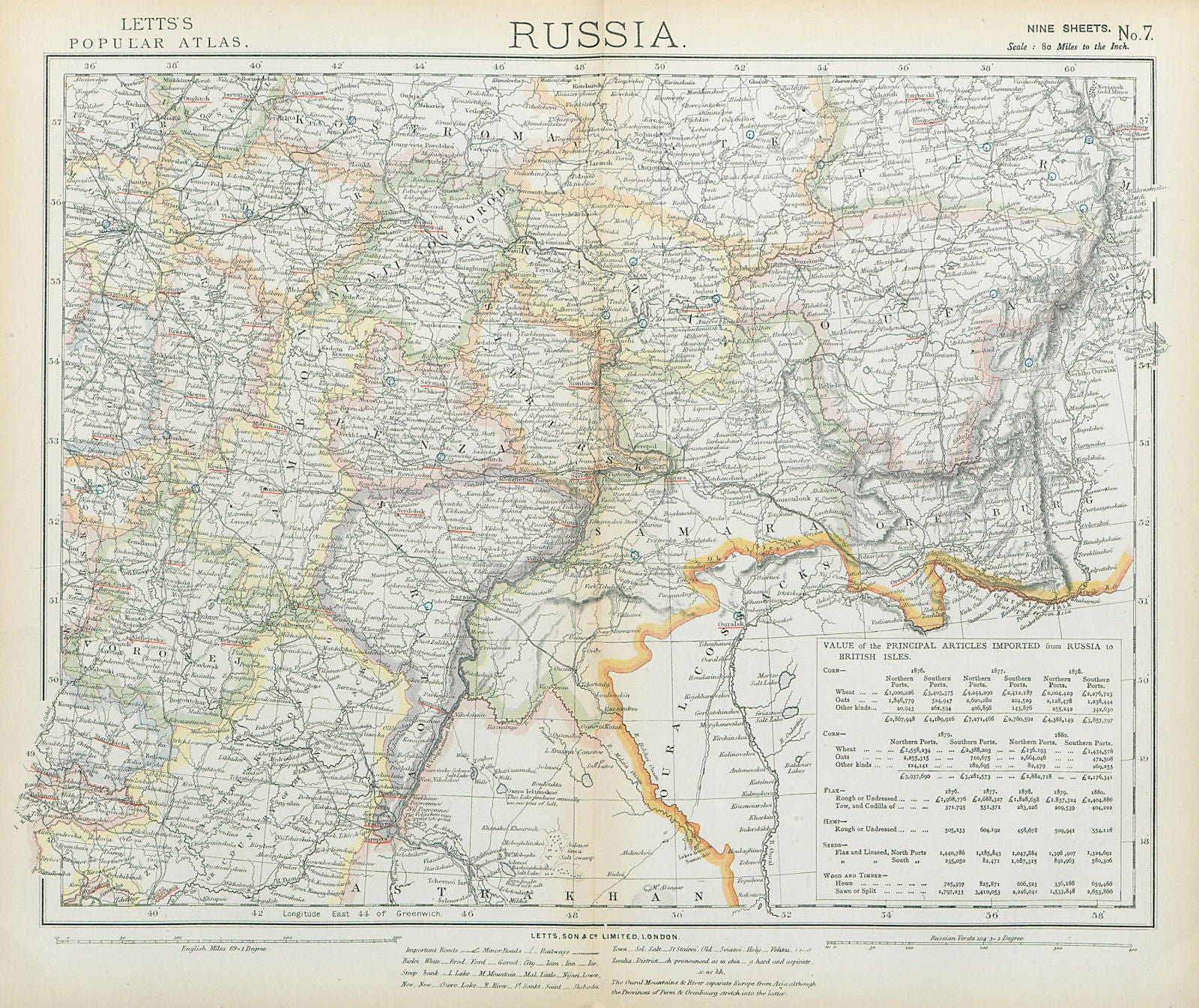 RUSSIA Astrakhan Kostroma Viatra Perm Penza Saratov Kazan Tambor LETTS 1883 map